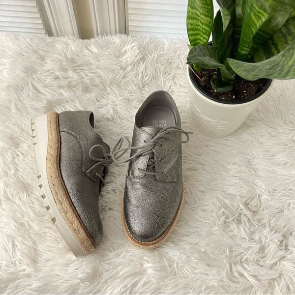 EILEEN FISHER Everly Derby Metallic Silver Leather Laceup Platform sneakers sz 6 - Picture 1 of 9